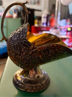 Vintage Japan Victorian Revival Sugar Scuttle Amber Silver Plate Pedestal